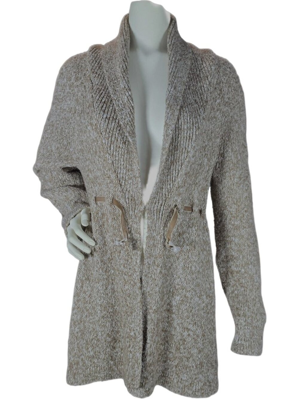 Motherhood Maternity Shawl Collar Cardigan Sweater Large Oatmeal Knit Tie Waist